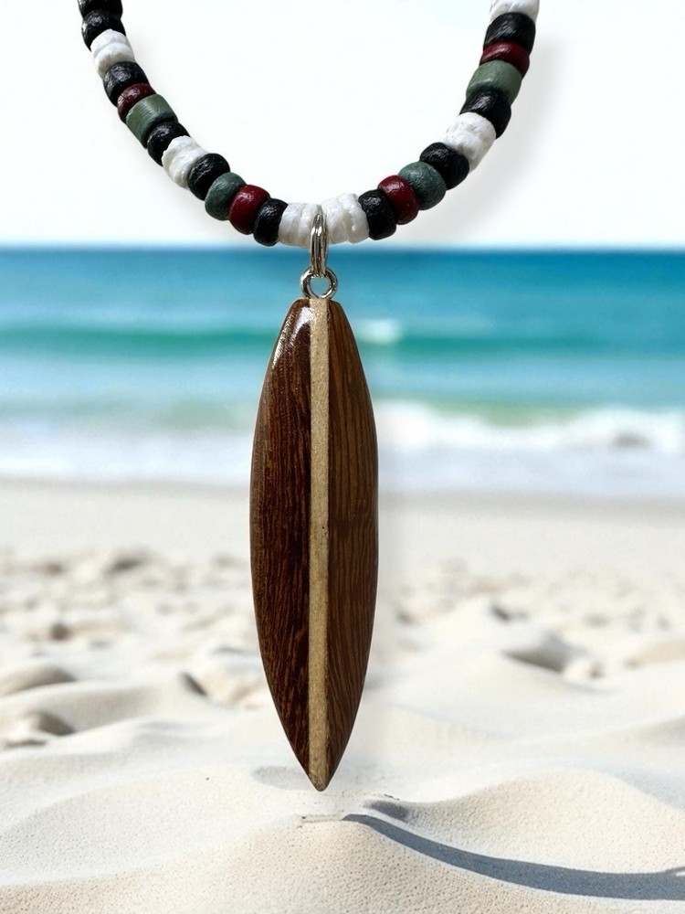 Wooden Surfboard Necklace – 1.75″ Beaded Pendant with Fin Detail, Handmade