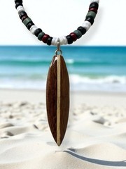 Wooden Surfboard Necklace – 1.75″ Beaded Pendant with Fin Detail, Handmade