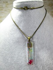 Handmade Rectangle Dichroic Glass Pendant w/ Antiqued Brass Tone Chain 22″ / T
