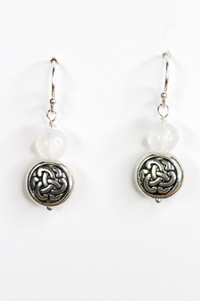 Selenite Earrings White 6mm Ball Gemstone .925 Sterling Silver 1″ Celtic
