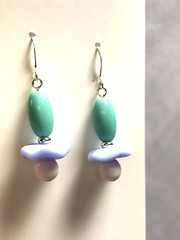 Handmade Earrings w/ Vintage Green, Dusty Blue Beads, Silver Plated Hooks