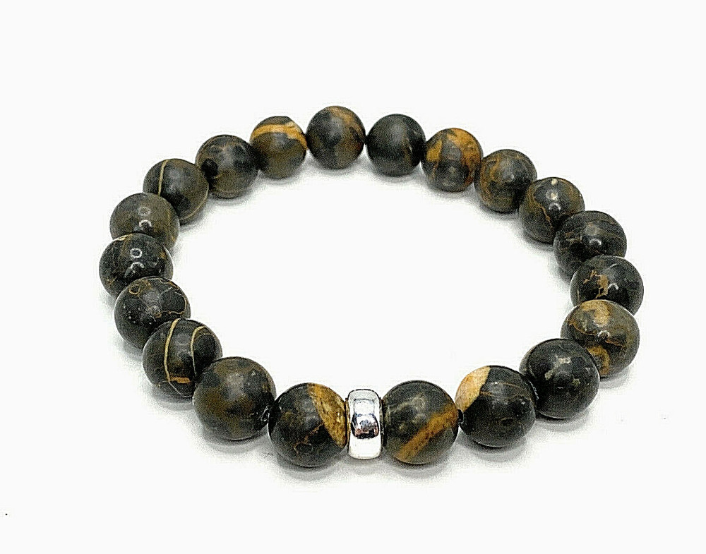 Handmade 10mm Dark Wood Jasper Gemstone & .925 Sterling Silver Bead Bracelet