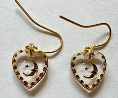 Vintage handmade glass heart charm pendant gold moon stars 1/2 of 1″ Earrings GP