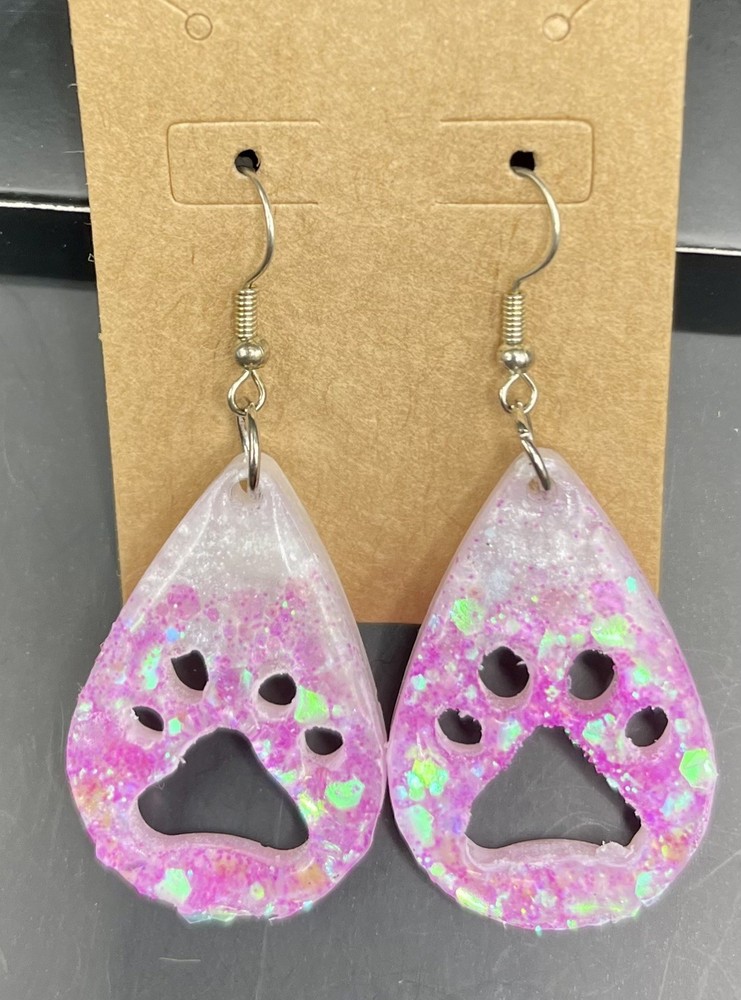 Handmade Resin Paw print Cut Out Dangle Earrings, pink glitter Swirl