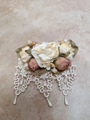 Audrey Pearson Handmade Floral Lace Brooch 3″x2″ Cottagecore Roses Dried Flowers