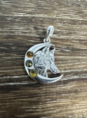 Handmade 925 Sterling Silver Crescent Moon and Wolf Head Baltic Amber Pendant
