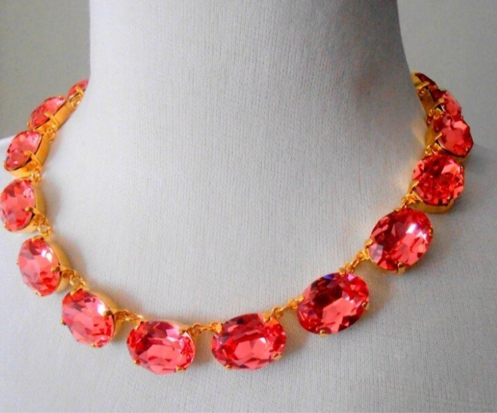 Anna Wintour Peach Rose Oval Crystal Tennis Necklace – Gold Cup Chain Jewelry