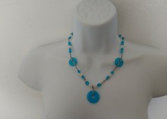Aqua Beaded Necklace Hand Wrapped Wire Blue and White Beads Handmade Jewelry