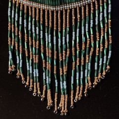 Handcrafted Beaded Fringe Necklace Green Blue Gold Glass Beads Beaded Loop 14″