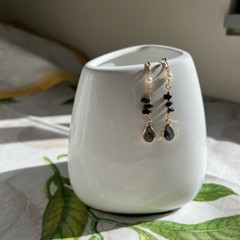 Black Onyx Pearl Earrings, Tourmaline Gray Crystals, Edgy, Minimalist, Casual