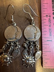 Sun Crescent Moon Saturn Earrings Star Dangle Silver Tone 2” Artisan