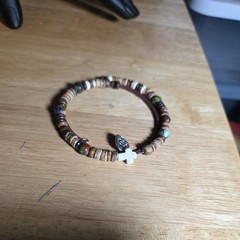memory wire bracelet with cross charm & wood beads.one size fits all. W102