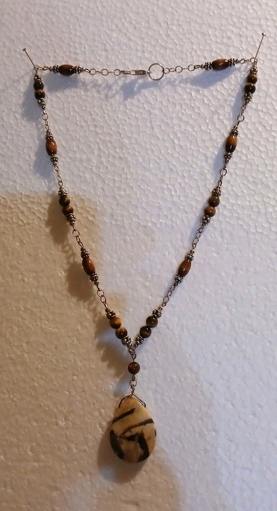 Vintage Tigereye Wood Bead Graphic Feldspar Teardrop Silver Metal Lobster Clasp