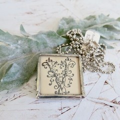 Vtg Y2K Handmade Soldered Glass Charm Necklace Letter V Music Notes Shabby Chic