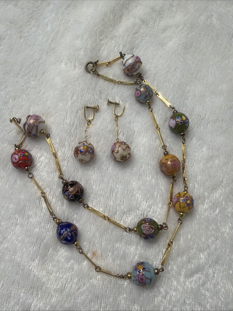 MURANO ITALY WEDDING CAKE Multicolor Glass Bead NECKLACE 27” With Earring Set