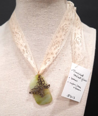Artisan Pendant Necklace w/ Brass Butterfly Charm on Tumbled Stained Glass
