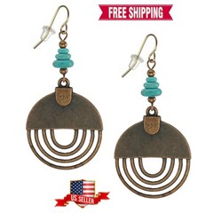 Handmade Round Antique Copper Drops with Turquoise Earrings, 18K Gold Ear Wires