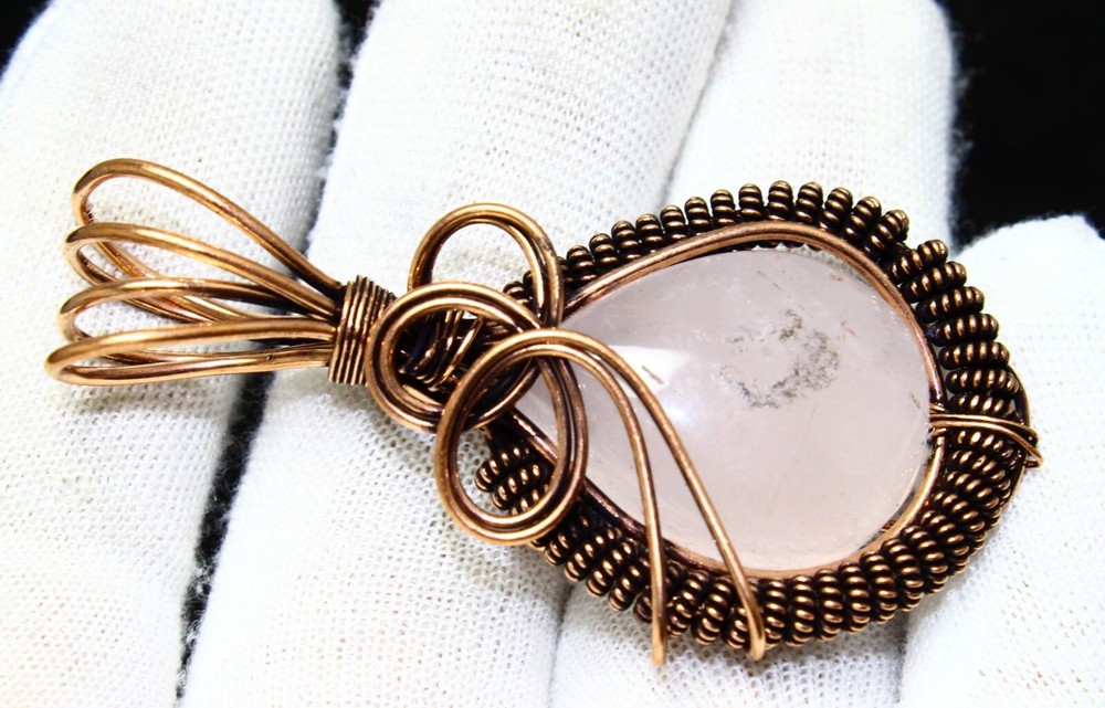 Natural Rose Quartz Copper Wire Wrapped Pendant Handmade Gemstone Jewelry