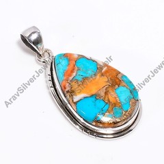 Orange and Blue Copper Turquosie Pendant 925 Sterling Silver Statement Pendant