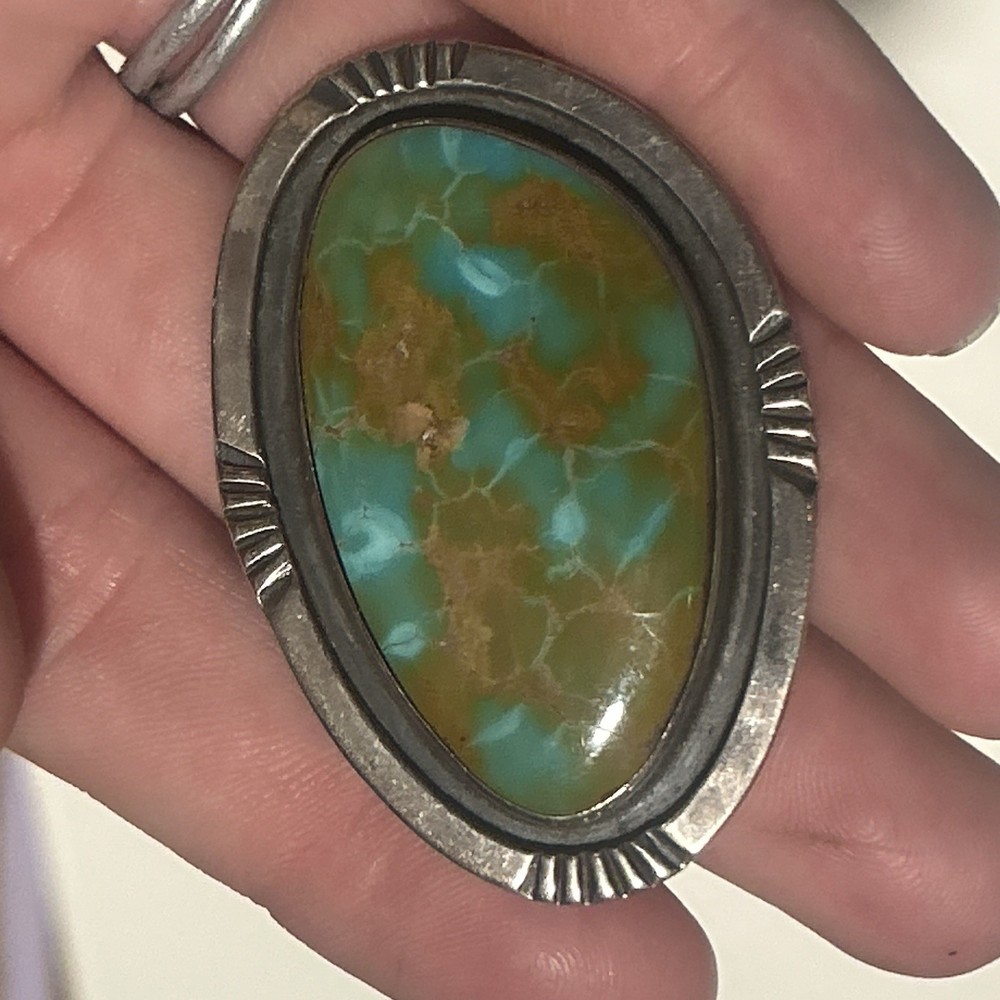 Vintage Handmade Royston Turquoise Navajo Silver Pendant Brooch Unmarked 1.5x2in