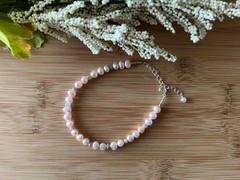 Pink Pearl, Moonstone & Sterling Silver Handmade Anklet 8 3/8 to 10 1/16 in. A31