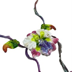 Handmade Lampwork Sculpted Pink Purple Flower & Leaf Artisan Glass Bead Necklace