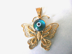 GOLD PLATED MURANO GLASS BLUE EVIL EYE FILLIGREE LUCKY BUTTERFLY PENDANT