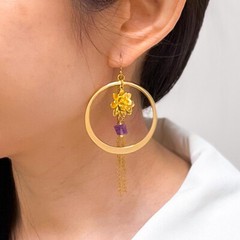 Gold Lotus Hoop Earrings Raw Amethys, 14k Gold Filled or Sterling Silver