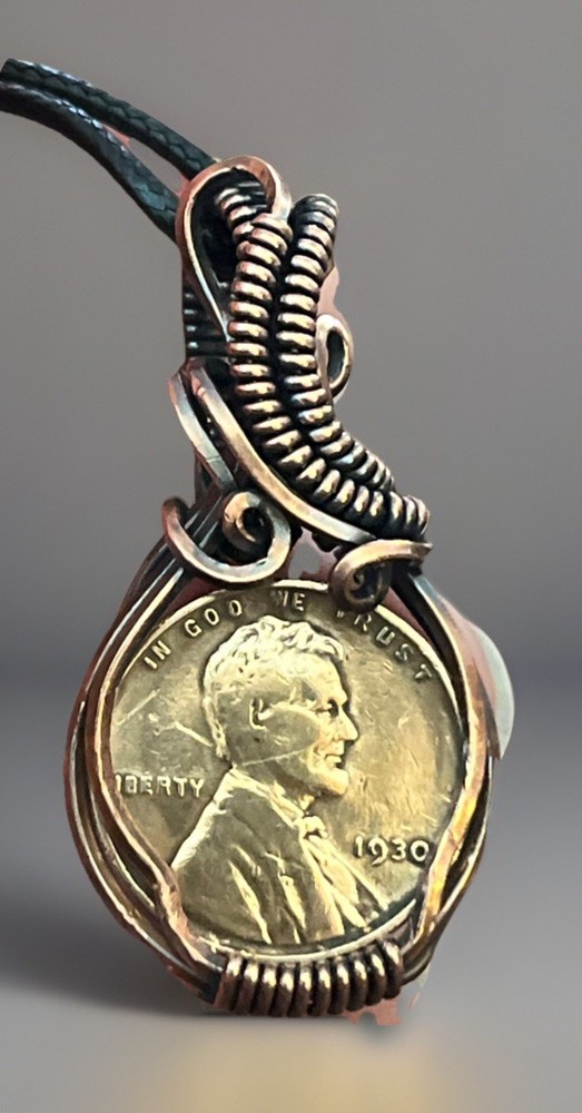 Handmade copper wire wrapped Vintage Wheat 1930 Lincoln Penny Coin Pendant 4e