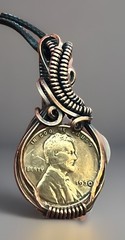 Handmade copper wire wrapped Vintage Wheat 1930 Lincoln Penny Coin Pendant 4e