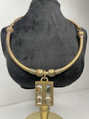 VTG Artisan Solid Brass Collar Choker Necklace W/ Multi-stone Inlay Pendant