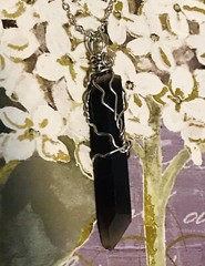 Natural black smoky crystal point wire wrapped pendant necklace