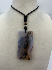 Plume Agate Pendant Necklace On Black Adjustable Rope Sterling Silver Hematite