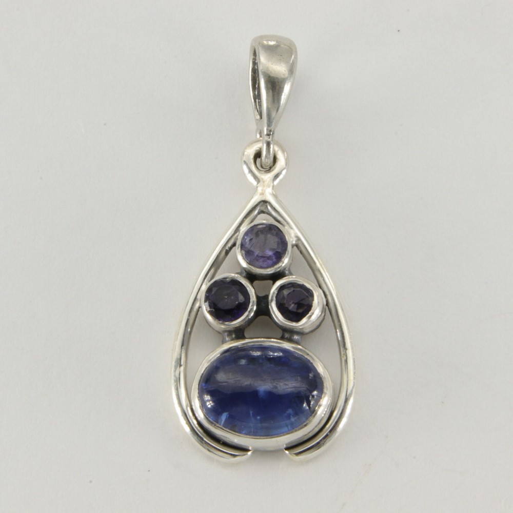 Blue Oval KYANITE and 3 Round Iolite Teardrop Pendant – 925 STERLING SILVER #11e