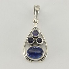 Blue Oval KYANITE and 3 Round Iolite Teardrop Pendant – 925 STERLING SILVER #11e