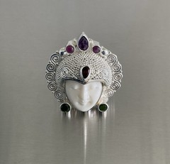 Sajen Silver Carved Goddess Ring Multi Gemstones 925 Sterling Silver Size 7