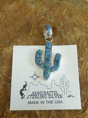 Southwest Saguaro Cactus Sterling Silver Denim Lapis Opal pendant handcrafted