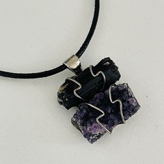 Amethyst and Black Tourmaline Wired Wrapped Crystal Pendant Black Cord Necklace