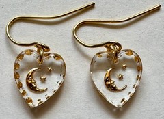 Vintage handmade glass heart charm pendant gold moon stars 1/2 of 1″ Earrings GP