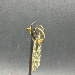 Dangle Hoop Pierced Earrings Fired Glass Enamel Gold Cream Olive Green Retro