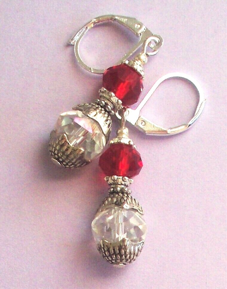 RED & CLEAR CRYSTAL drop earring SP LEVER BACK artisan #300-19