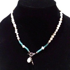 White Freshwater Pearl and Turquoise Beaded Necklace Mermaid Charm