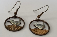 England Farthing Wren Cut Coin Earrings ~ Dangle Drop Hook ~ One Pair