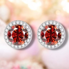 Sparkling Halo Burgundy Moissanite Earrings Handcrafted in Sterling Silver