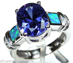3.85 Carats Tanzanite & Blue Fire Opal Inlay 925 Sterling Silver Ring Sz 6,7,8,9