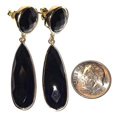 Earrings – Black Onyx Dangle-Drop Checkerboard Faceted, Matching Button Post