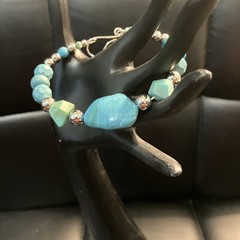 Faux Turquoise wire wrap Bangle Bracelet With Silver tone Beads. 18cm=7in