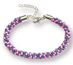 Jewelry Bracelet Kumihimo Pink Blue Seed Bead Pink Crystals 8.5 In, 2 InExtender