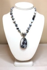 Nat. Dendritic Opal, Black Onyx, Sterl. Silver Handmade necklace, knotted, 17.5″