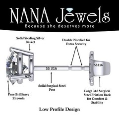 3 Prong Zirconia Stud Earrings, Stainless Steel Posts & Silver, Hypoallergenic